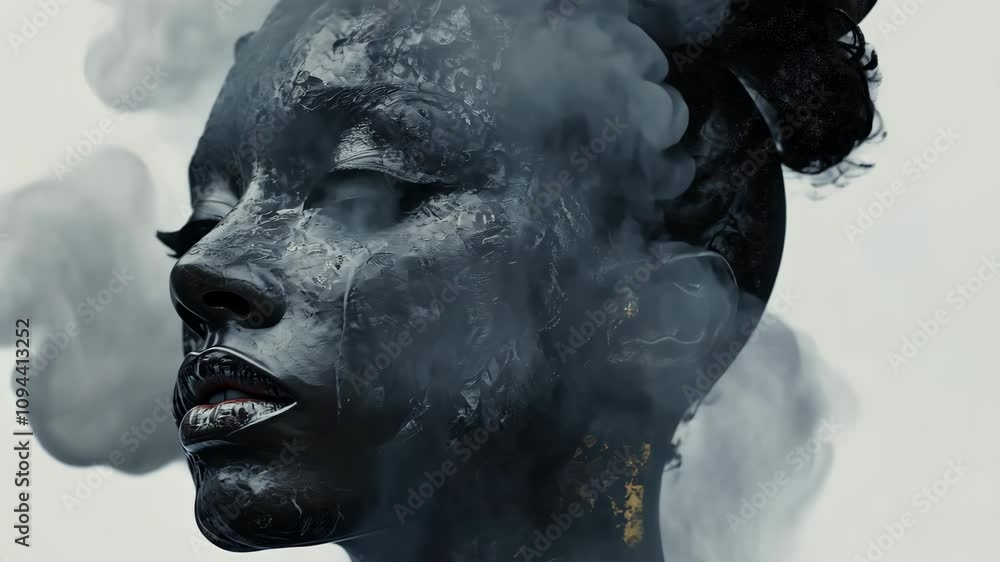 Abstract portrayal of a woman's face enveloped in smoke, showcasing emotions through textured expression Abstract portrayal of a woman's face enveloped in smoke, showcasing emotions through textured expression