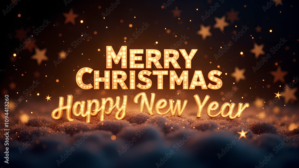 Merry Christmas and Happy New Year greeting with golden lights. Festive winter holiday concept. Merry Christmas and Happy New Year greeting with golden lights. Festive winter holiday concept.