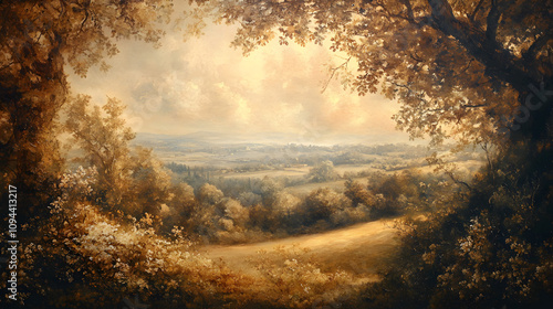 A serene Baroque painting of a countryside scene with soft lighting and golden tones.