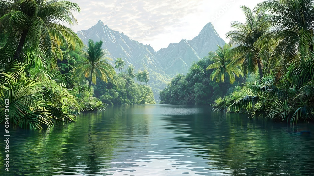 Obraz premium Serene landscape featuring lush greenery, mountains, and a reflective river.