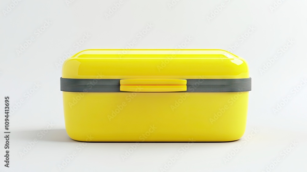 A vibrant yellow lunch box with a sleek grey strap, perfect for on-the-go meals and snacks. A vibrant yellow lunch box with a sleek grey strap, perfect for on-the-go meals and snacks.