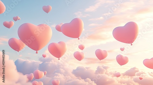 Pink heart-shaped balloons floating in a dreamy sky during sunset. photo