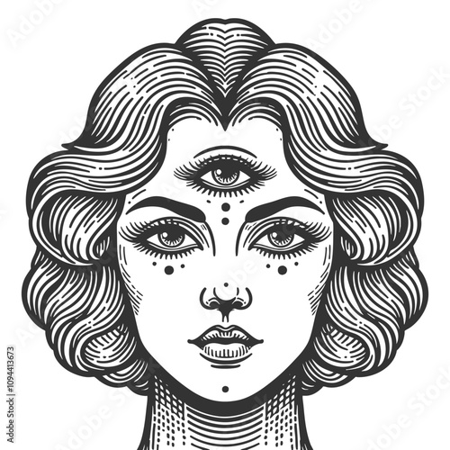 woman with a third eye, symbolizing intuition and mysticism in vintage style sketch engraving generative ai fictional character vector illustration. Scratch board imitation. Black and white image.