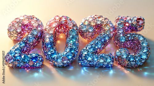 The text "2025" is made of colored crystals.