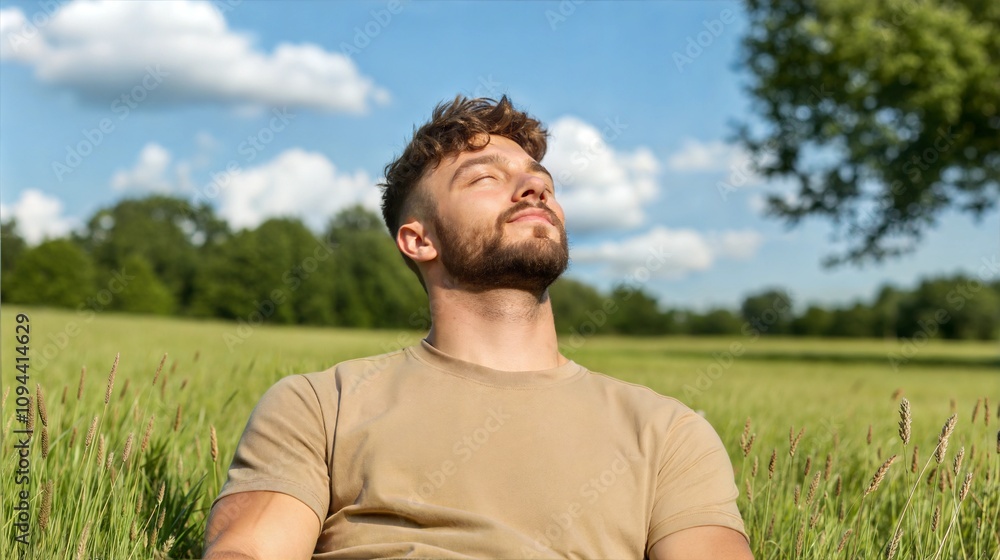 Man Relaxing in Nature: Enjoying Sunlight in Scenic Grass Field on a Summer Day Man Relaxing in Nature: Enjoying Sunlight in Scenic Grass Field on a Summer Day