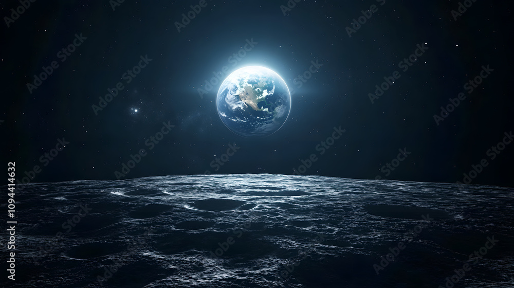 A serene view of the Earth rising above the Moons horizon captured from deep space. A serene view of the Earth rising above the Moons horizon captured from deep space.