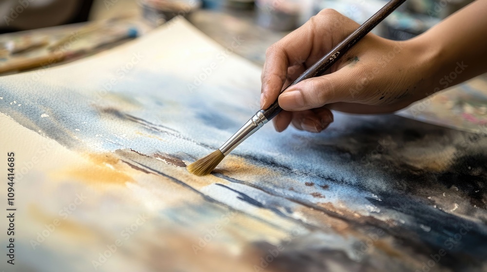 Close-up of a hand painting a beautiful landscape in watercolor, showcasing skill and creativity. Close-up of a hand painting a beautiful landscape in watercolor, showcasing skill and creativity.