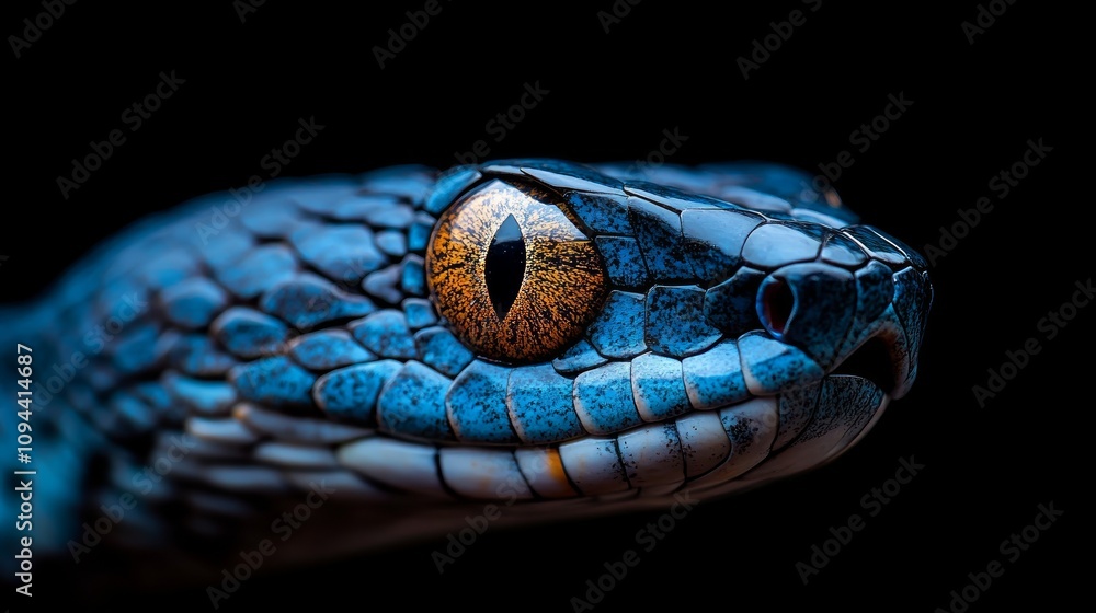 Close-up of a blue snake's head with striking yellow eye, isolated on black background. Close-up of a blue snake's head with striking yellow eye, isolated on black background.