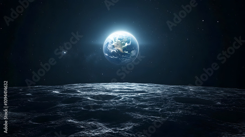 A serene view of the Earth rising above the Moons horizon captured from deep space.