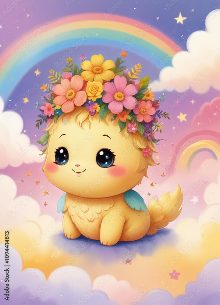 Naklejka premium A cute chubby yellow creature with a crown of vibrant flowers sits on fluffy clouds with a rainbow backdrop, evoking a magical and cheerful atmosphere