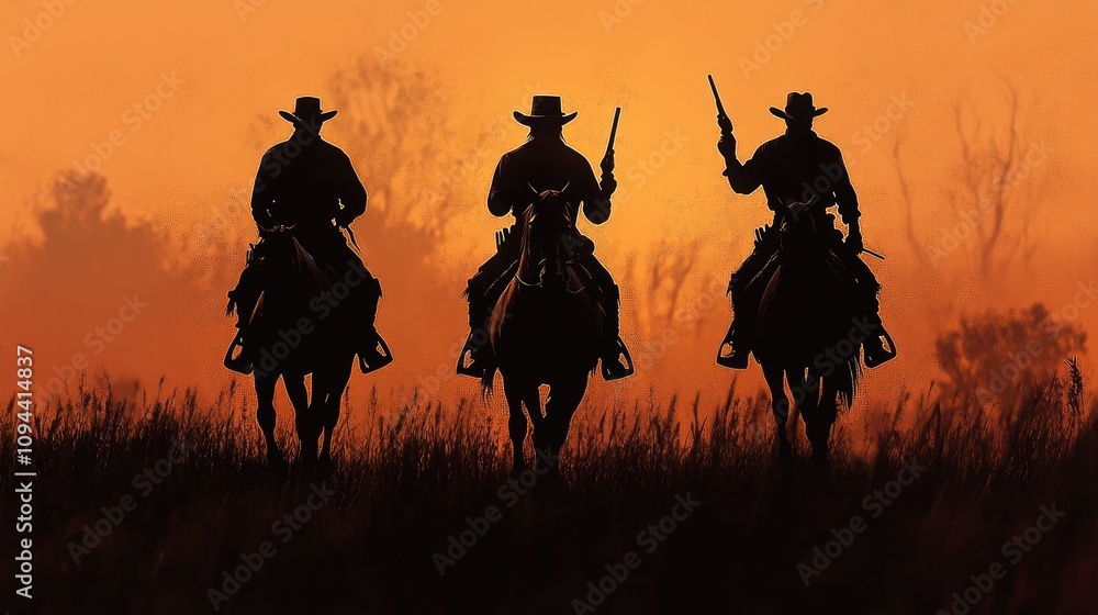 Three male cowboys silhouetted against a fiery sunset, riding horses and holding pistols, embodying the spirit of the Wild West. Three male cowboys silhouetted against a fiery sunset, riding horses and holding pistols, embodying the spirit of the Wild West.