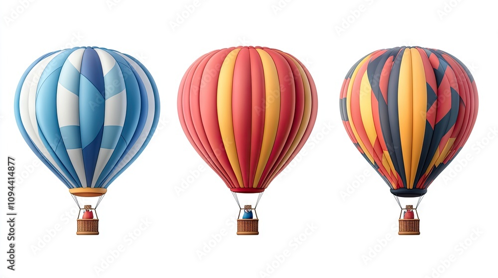 Three colorful hot air balloons in blue, red, and vibrant patterns, ready for an aerial adventure. Three colorful hot air balloons in blue, red, and vibrant patterns, ready for an aerial adventure.