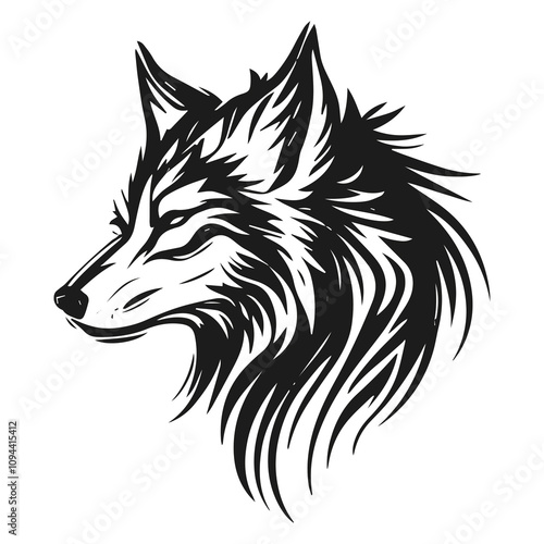 Wolf head black isolated on white background. Decal, icon, silhouette portrait