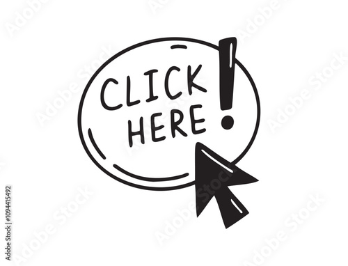 Click here doodle button. Hand drawn sketch cursor icon. Web site register Freehand drawing style