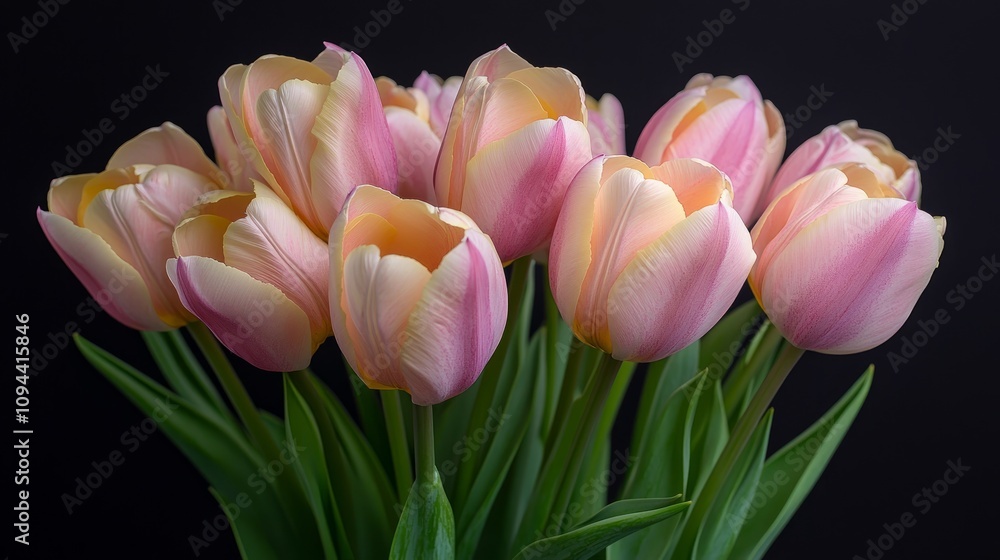 Fototapeta premium Close-up of a bouquet of pink and peach tulips against a black background.