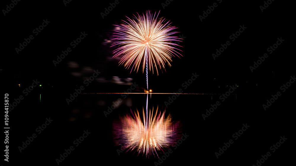 A spectacular fireworks display exploding over a calm lake reflecting vibrant colors on the water. A spectacular fireworks display exploding over a calm lake reflecting vibrant colors on the water.