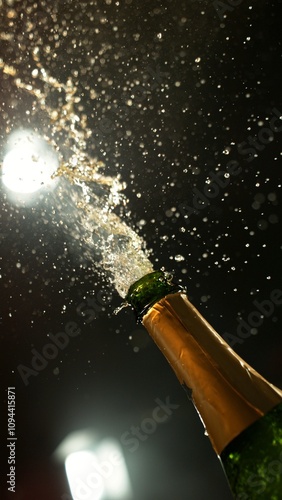 Celebration theme with splashing champagne on black background.