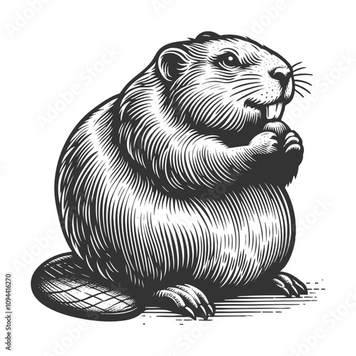 beaver standing upright with a textured tail, emphasizing its fur detail and natural charm sketch engraving generative ai vector illustration. Scratch board imitation. Black and white image.