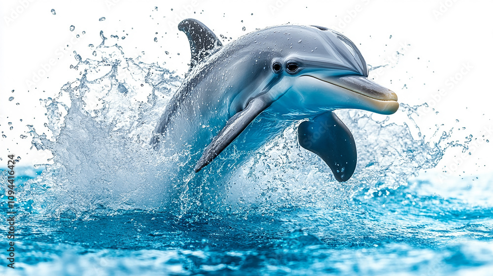 Naklejka premium A playful, light-blue dolphin leaps out of water, surrounded by splashes.