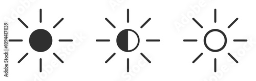 Brightness and contrast level adjustment icon silhouette set. Screen brightness icon for UI UX website, mobile app. Brightness control graduation