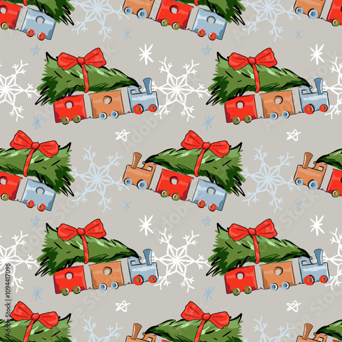Wooden Christmas train toy carrying a Christmas tree. Doodle or sketch style seamless pattern. Festive background