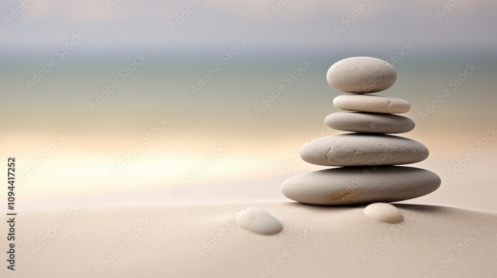 Smooth, stacked pebbles on soft sand create a serene and balanced coastal scene, under a gentle, blurred horizon of sea and sky. Smooth, stacked pebbles on soft sand create a serene and balanced coastal scene, under a gentle, blurred horizon of sea and sky.
