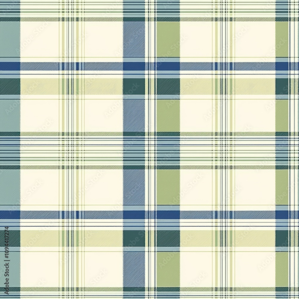 Seamless pattern of blue, green, and white tartan with clean grid lines Seamless pattern of blue, green, and white tartan with clean grid lines