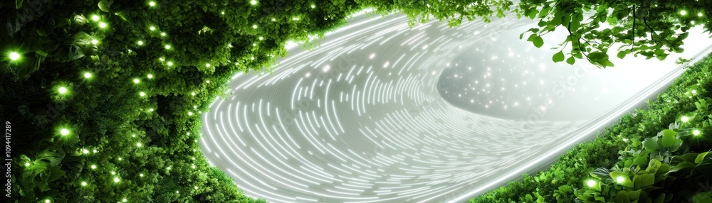 Fototapeta premium A swirling light pattern surrounded by lush greenery, evoking a sense of wonder.