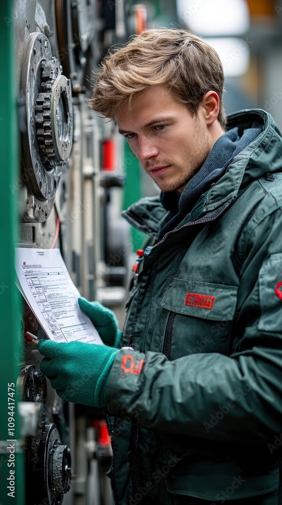 Obraz premium Engineer Examining Technical Specifications on Industrial Equipment