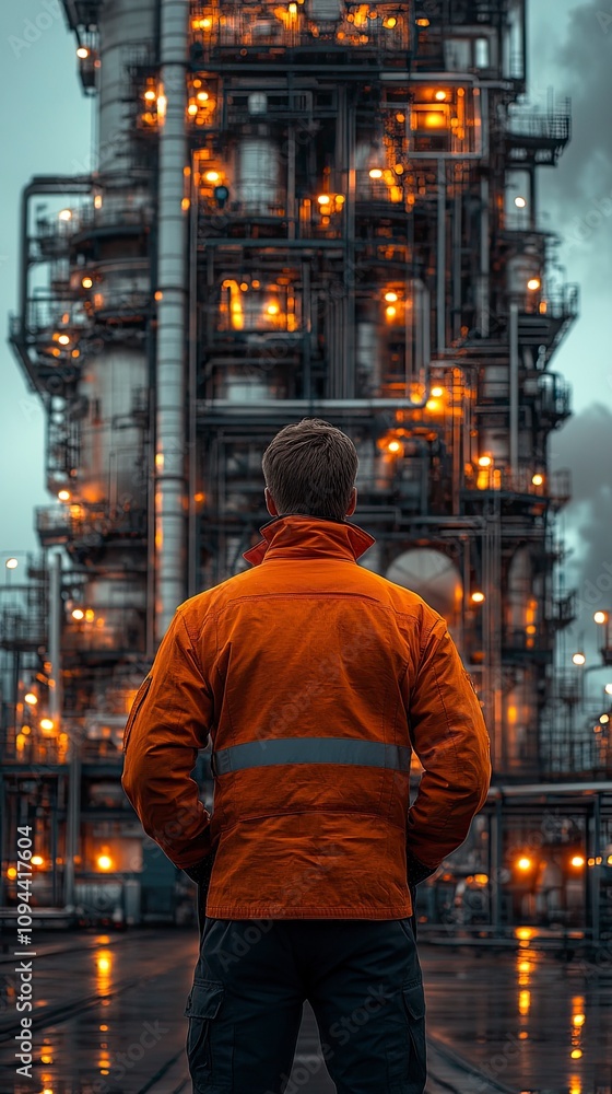 Industrial Worker Observing Illuminated Refinery at Dusk Industrial Worker Observing Illuminated Refinery at Dusk