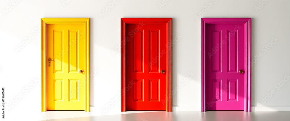 Fototapeta premium three wooden doors leading to an empty, classic interior room with a large window