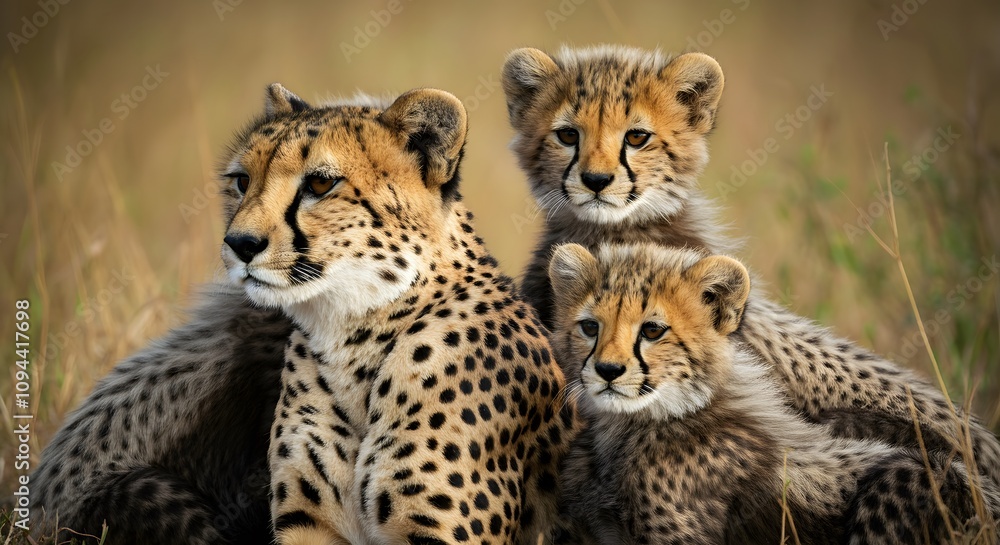 Fototapeta premium Close-Up of a Cheetah Resting with Cubs in the African Wilderness