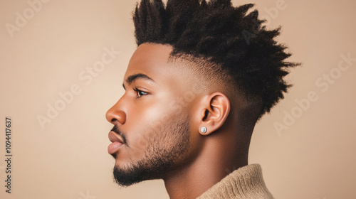 Young stylish model posing showing his modern haircut and beard