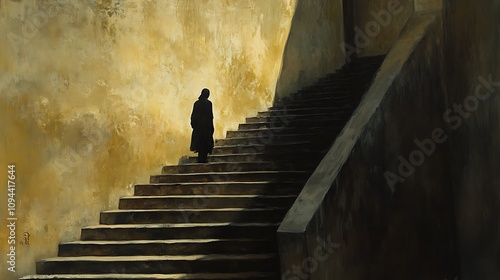 A solitary figure ascends a stone staircase bathed in golden light.. AI Generated photo