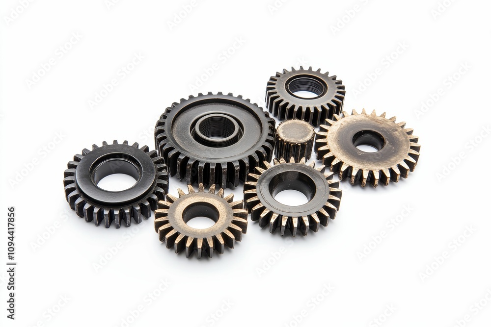 Interlocking gears, metallic, various sizes. Interlocking gears, metallic, various sizes.