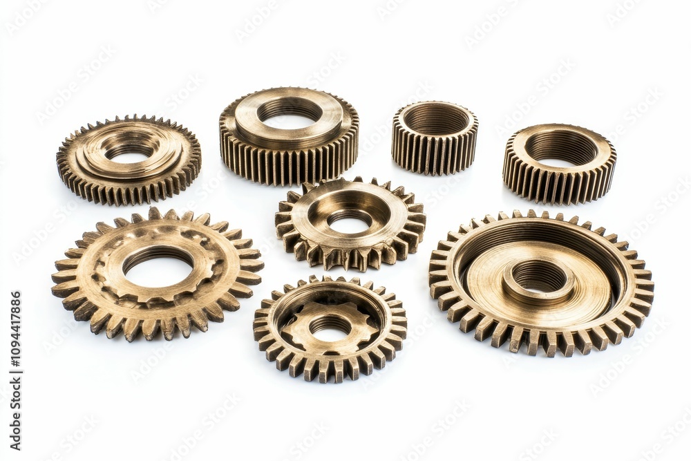 Eight bronze gears; intricate, mechanical parts. Eight bronze gears; intricate, mechanical parts.