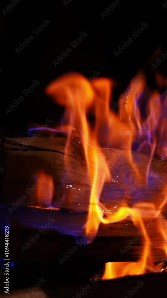 Beautiful bright fire flames. Wooden logs are burning in red and yellow fire on dark background. Close-up. Vertical video Beautiful bright fire flames. Wooden logs are burning in red and yellow fire on dark background. Close-up. Vertical video