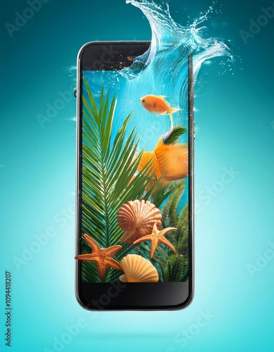 illustration of sea wave coming out of smartphone. beautiful blue ocean isolated in mobile.