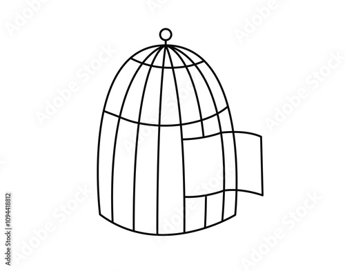 Open cage concept line doodle icon. Flat concept open cage of liberation, freedom sticker. Isolated on white background.
