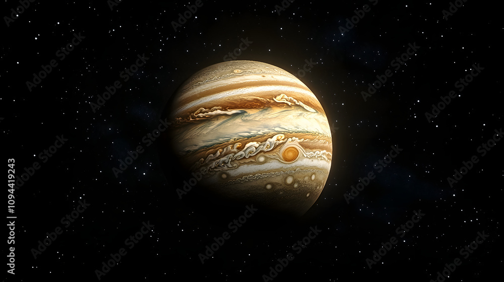 A tranquil scene of a distant gas giant illuminated by the faint light of its star. A tranquil scene of a distant gas giant illuminated by the faint light of its star.