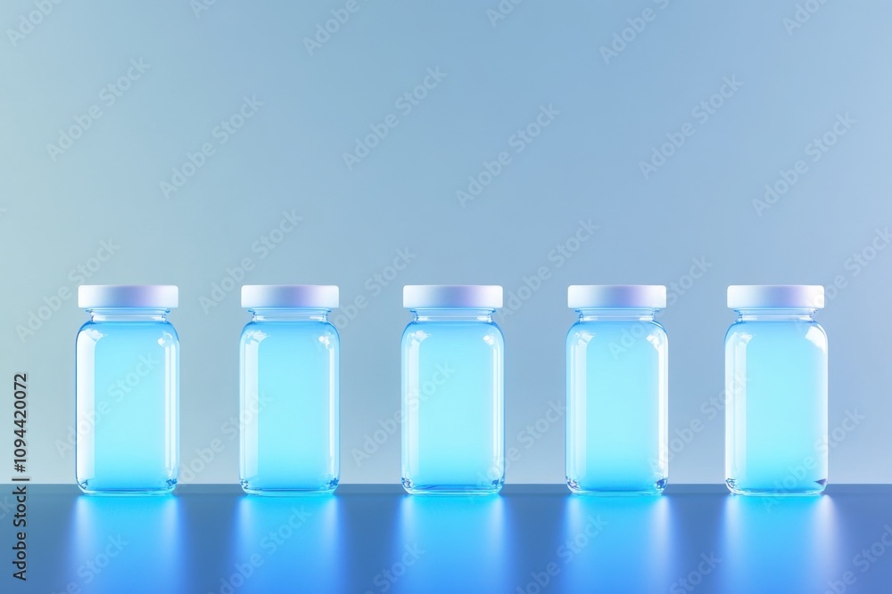 Row of Five Transparent Bottles with White Lids on Blue Surface and Gradient Background Row of Five Transparent Bottles with White Lids on Blue Surface and Gradient Background
