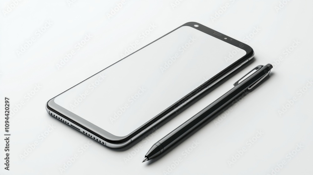 Phone screen mockup with a pen on a white background Phone screen mockup with a pen on a white background