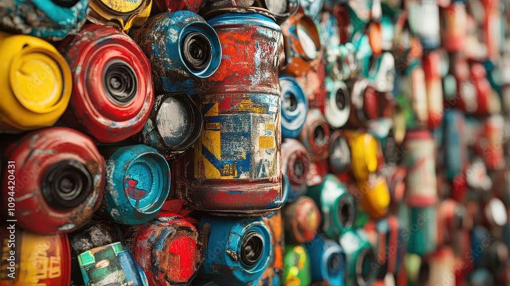 Fototapeta premium A vibrant collection of colorful, crushed cans stacked together, showcasing unique textures and artistic potential in urban recycling.
