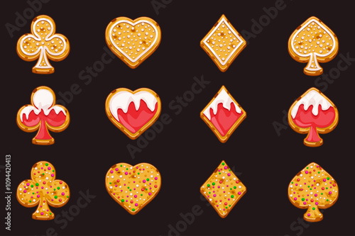 Biscuits with playing card symbols shape, Set of playing card symbols like cookies for your game and slot machines- clubs, diamonds , hearts and spades