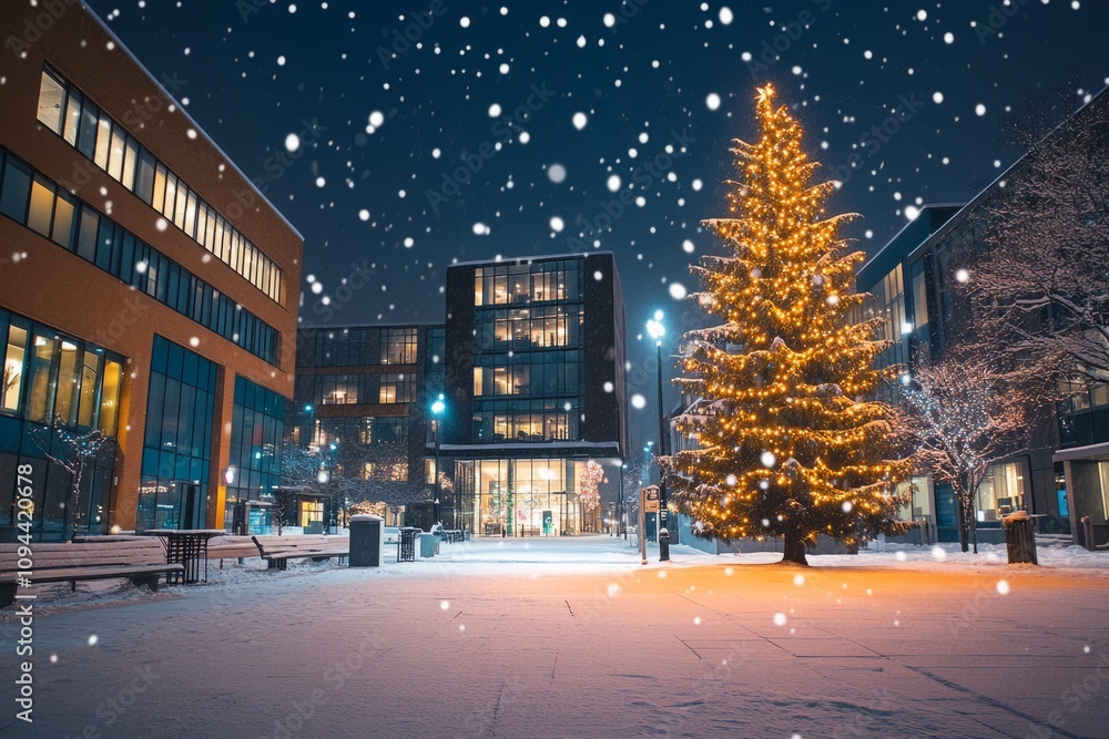 New York City at night with glowing Christmas tree with snowfall at winter night New York City at night with glowing Christmas tree with snowfall at winter night