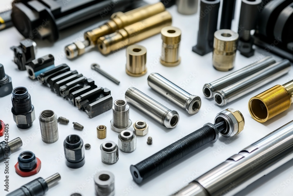 Assorted metallic industrial parts and components. Assorted metallic industrial parts and components.