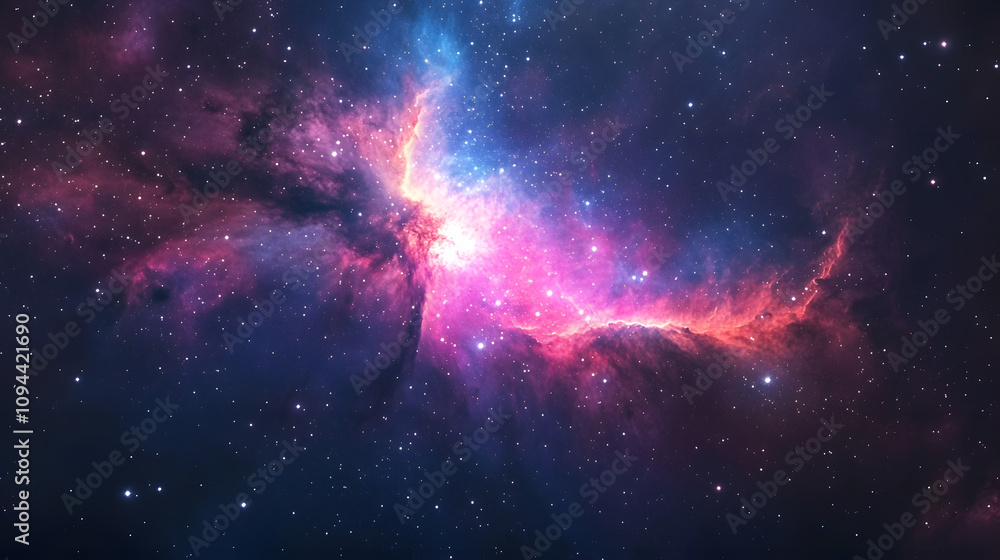 Fototapeta premium A vivid nebula radiating colors of pink purple and blue amidst a field of stars.