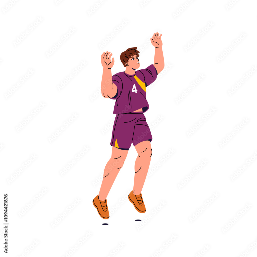 Volleyball player in uniform jumps, hands up to catch ball. Athlete in sports clothes plays soccer, football. Sportsman is in competition, match. Flat isolated vector illustration on white background