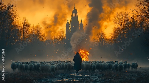 Shepherd Guides Flock Past Fiery Sunset, Tower photo