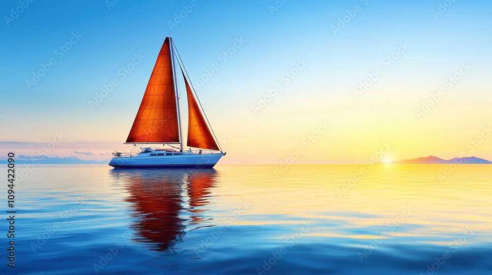 Naklejka premium Tranquil Sunset Sailing on Serene Ocean with Picturesque Horizon